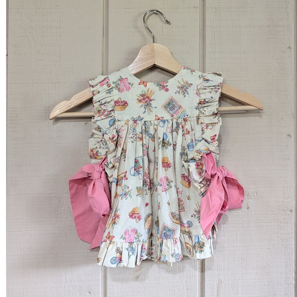 Baby Girl Vintage Garden Print Ruffle Pinafore Top Pink Bows Button Back